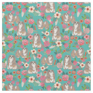 Lhasa Apso Hund Vintagen Blumen Türkis Stoff
