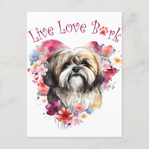 Lhasa Apso Hundefrau Blumenmuster Postkarte