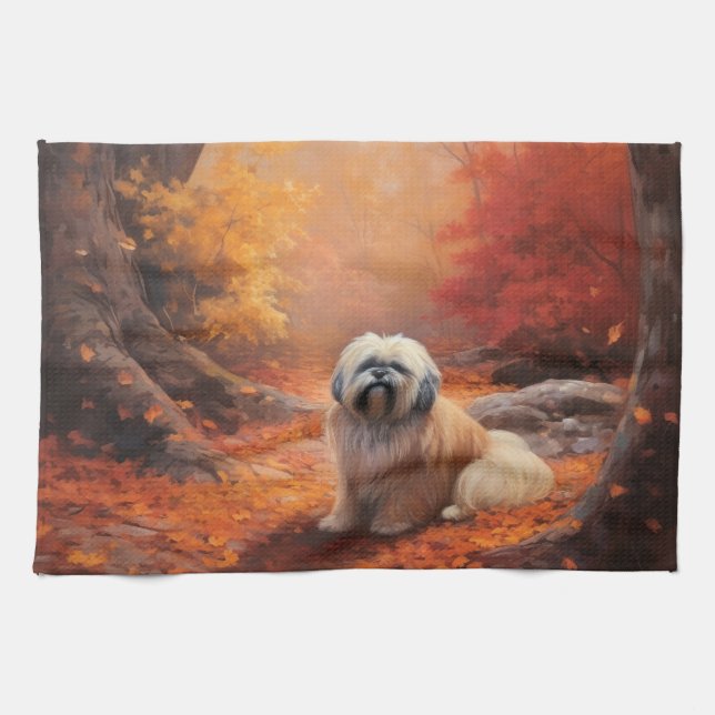 Lhasa Apso im Herbst Leaves Fall Inspiriert Geschirrtuch (Horizontal)