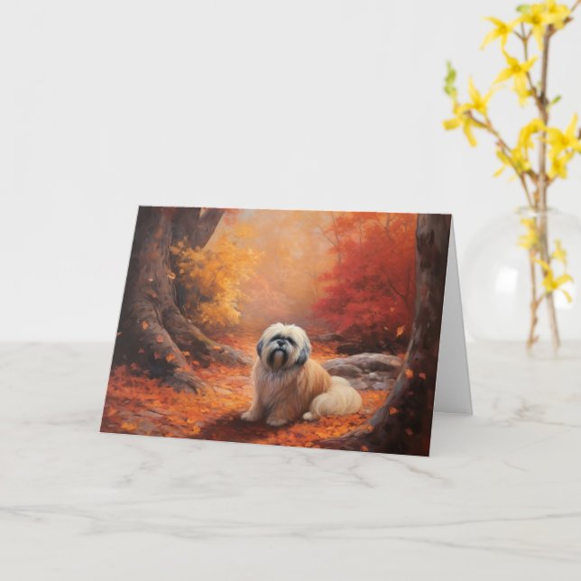 Lhasa Apso im Herbst Leaves Fall Inspiriert Karte (Gelbe Blume)
