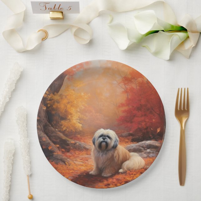 Lhasa Apso im Herbst Leaves Fall Inspiriert Pappteller (Hochzeit)