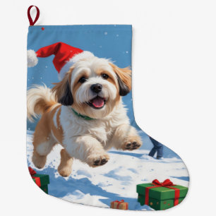 Lhasa Apso läuft im Schnee mit Weihnachtsmütze Großer Weihnachtsstrumpf