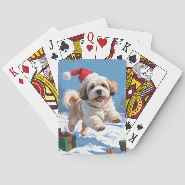 Lhasa Apso läuft in Snow mit Weihnachtshut Spielkarten (Rückseite)