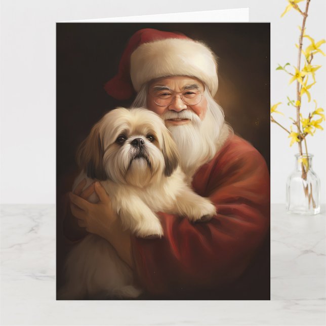 Lhasa Apso mit dem Weihnachtsmann Weihnachten Karte (Gelbe Blume)