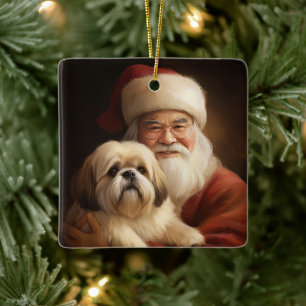 Lhasa Apso mit dem Weihnachtsmann Weihnachten Keramikornament