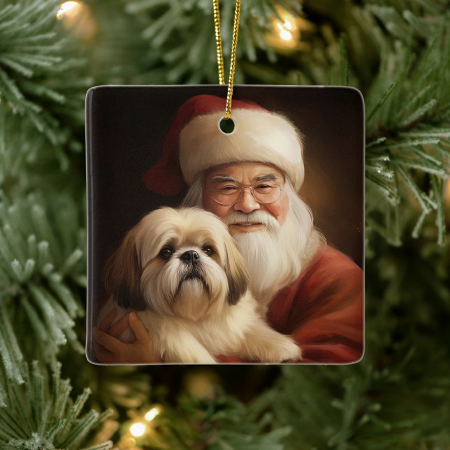 Lhasa Apso mit dem Weihnachtsmann Weihnachten Keramikornament (Baum)