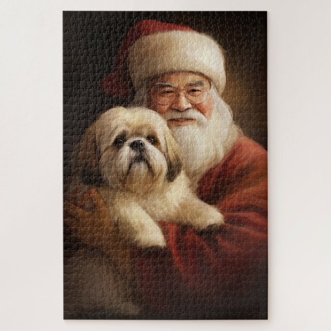 Lhasa Apso mit dem Weihnachtsmann Weihnachten Puzzle (Vertikal)