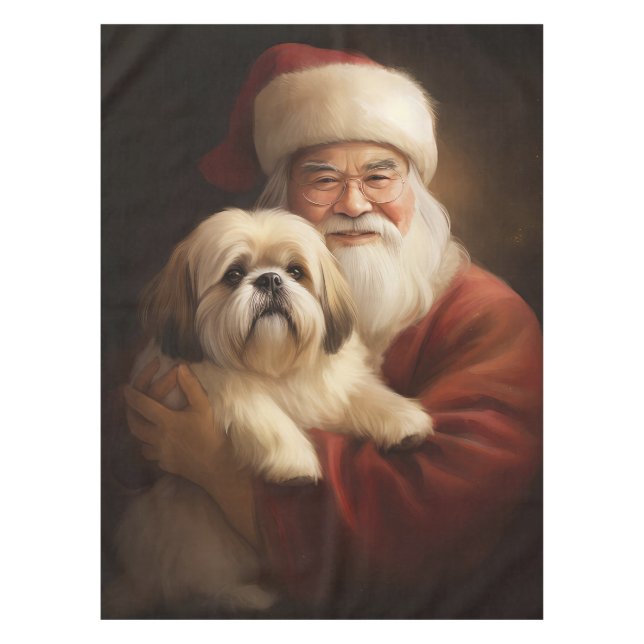 Lhasa Apso mit dem Weihnachtsmann Weihnachten Tischdecke (Vorderseite)