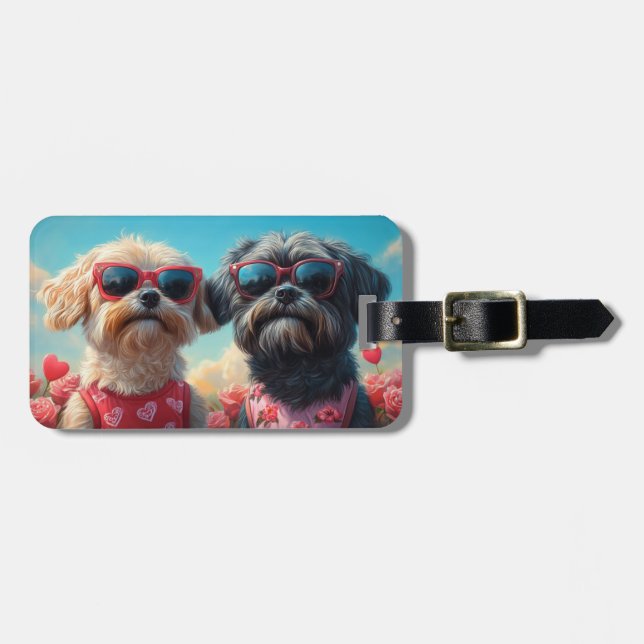 Lhasa Apso mit Herz-Rose Valentinstag Gepäckanhänger (Vorderseite horizontal)
