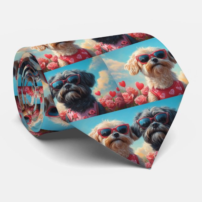 Lhasa Apso mit Herz-Rose Valentinstag Krawatte (Gerollt)