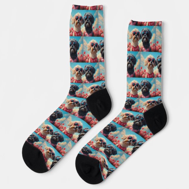 Lhasa Apso mit Herz-Rose Valentinstag Socken (Linkes Detail)