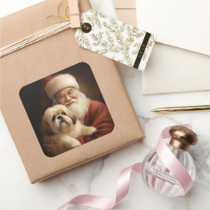 Lhasa Apso mit Santa Claus Festliches Weihnachten Quadratischer Aufkleber