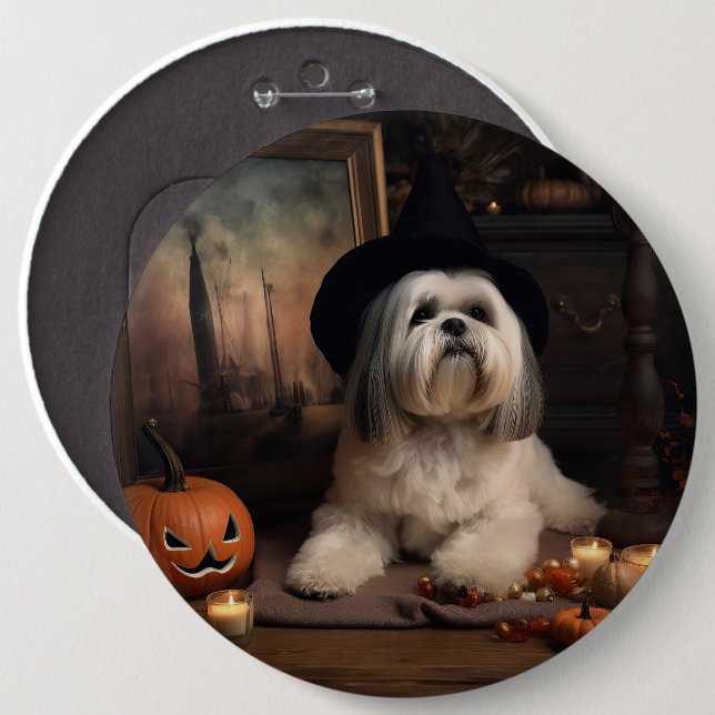 Lhasa Apso Pumpkins Halloween Beängstigend Button (Vorne & Hinten)