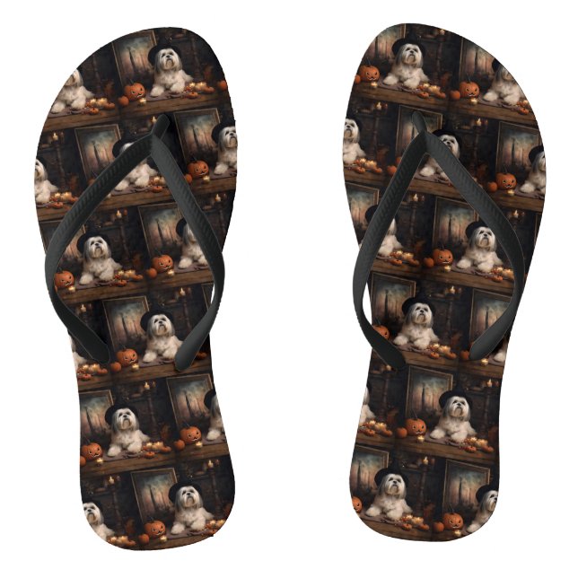 Lhasa Apso Pumpkins Halloween Beängstigend Flip Flops (Fußbett)
