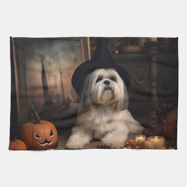 Lhasa Apso Pumpkins Halloween Beängstigend Geschirrtuch (Horizontal)