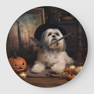 Lhasa Apso Pumpkins Halloween Beängstigend Große Wanduhr