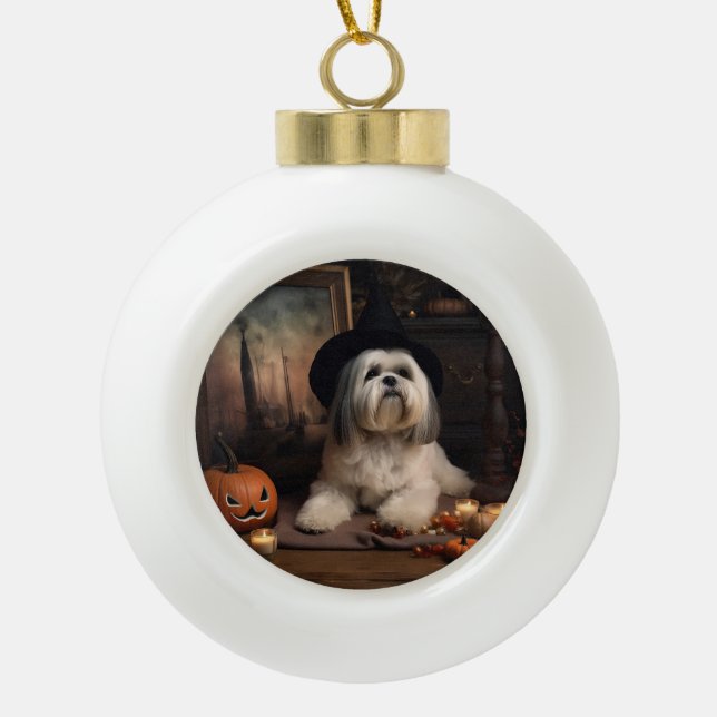 Lhasa Apso Pumpkins Halloween Beängstigend Keramik Kugel-Ornament (Vorderseite)