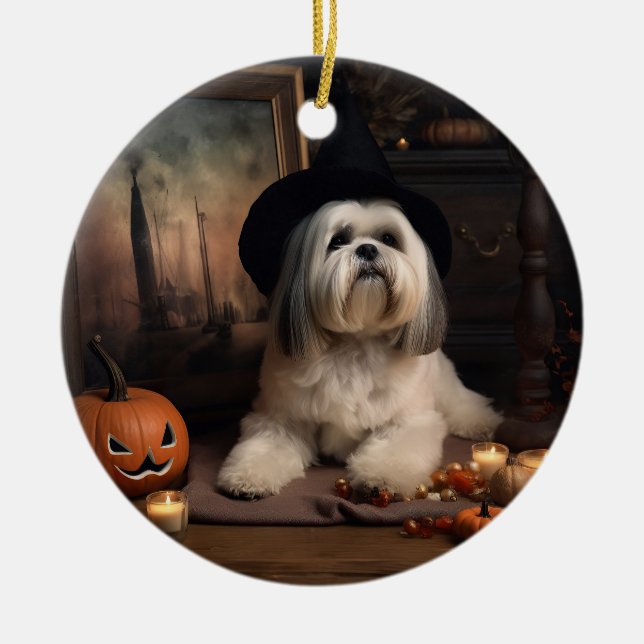 Lhasa Apso Pumpkins Halloween Beängstigend Keramik Ornament (Vorne)