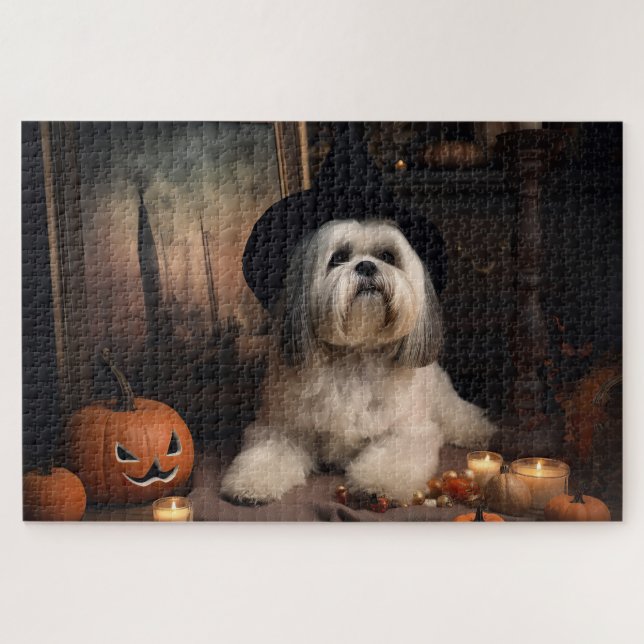 Lhasa Apso Pumpkins Halloween Beängstigend Puzzle (Horizontal)