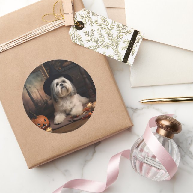Lhasa Apso Pumpkins Halloween Beängstigend Runder Aufkleber (Schenken)