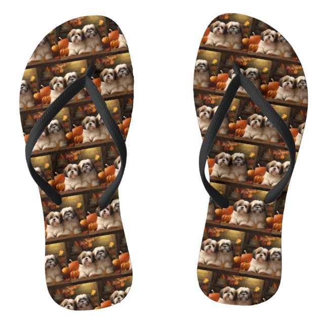 Lhasa Apso Puppy Autumn Delight Pumpkin Flip Flops (Fußbett)
