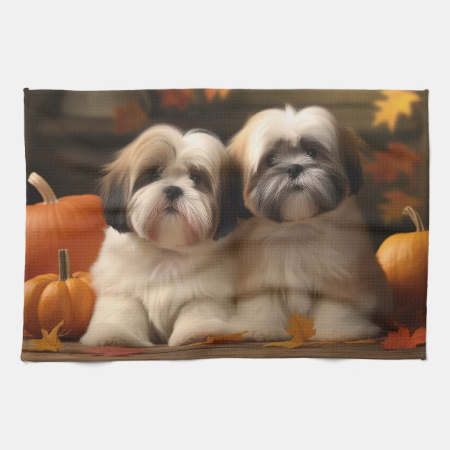 Lhasa Apso Puppy Autumn Delight Pumpkin Geschirrtuch (Horizontal)