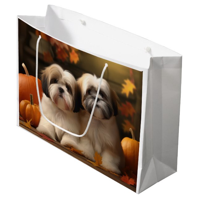 Lhasa Apso Puppy Autumn Delight Pumpkin Große Geschenktüte (Vorderseite Schrägansicht)