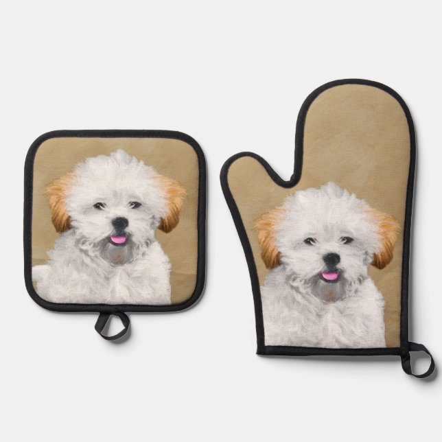 Lhasa Apso Puppy Malerei Niedliche Original Hunde  Ofenhandschuh & Topflappen-Set (Vorderseite)