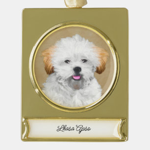 Lhasa Apso Puppy Painting - Niedliche Original Dog Banner-Ornament Gold