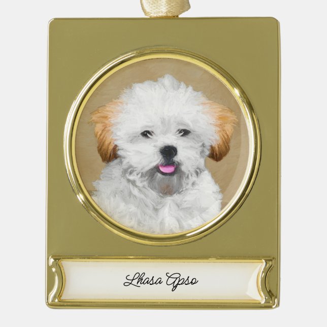 Lhasa Apso Puppy Painting - Niedliche Original Dog Banner-Ornament Gold (Vorderseite)