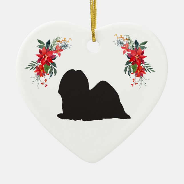 Lhasa Apso Silhouette mit Name Poinsettia Keramik Ornament (Vorne)