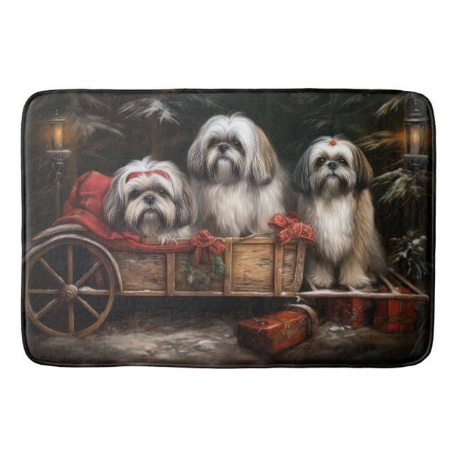 Lhasa Apso Snowy Sleigh Weihnachtsdekor Badematte (Vorderseite)