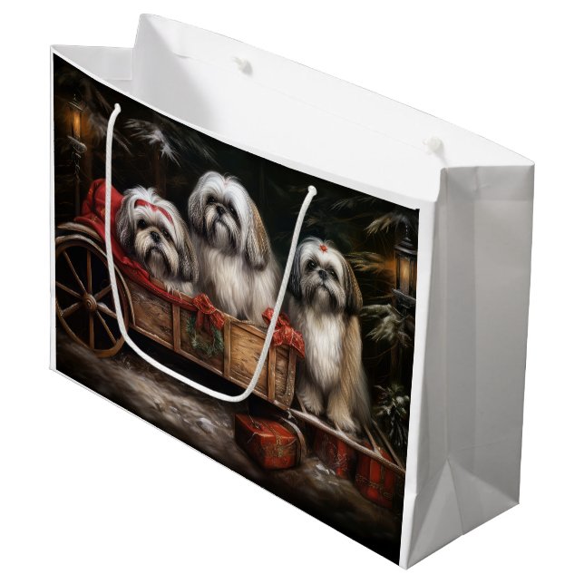 Lhasa Apso Snowy Sleigh Weihnachtsdekor Große Geschenktüte (Vorderseite Schrägansicht)