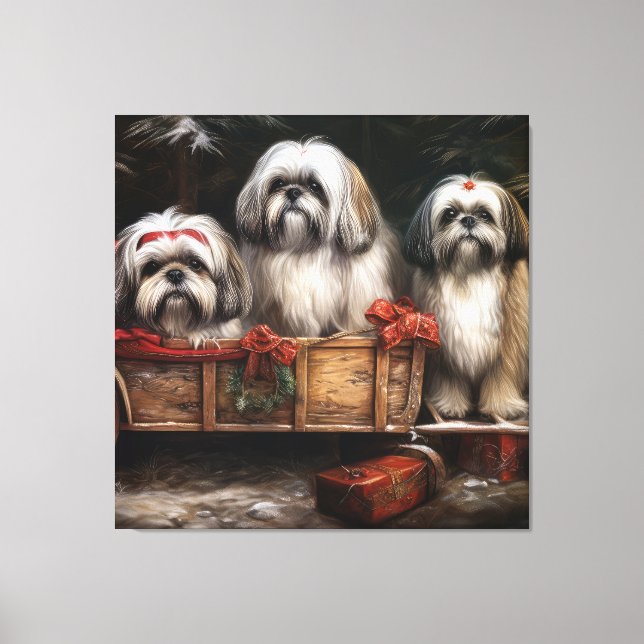 Lhasa Apso Snowy Sleigh Weihnachtsdekor Leinwanddruck (Vorderseite)