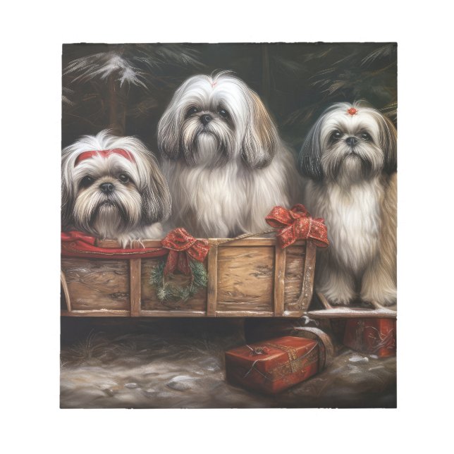 Lhasa Apso Snowy Sleigh Weihnachtsdekor Notizblock (Vorderseite)