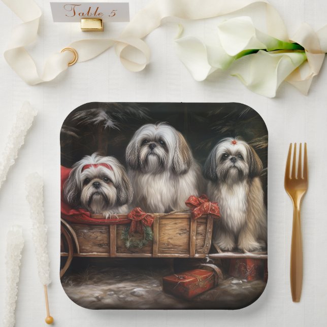 Lhasa Apso Snowy Sleigh Weihnachtsdekor Pappteller (Hochzeit)