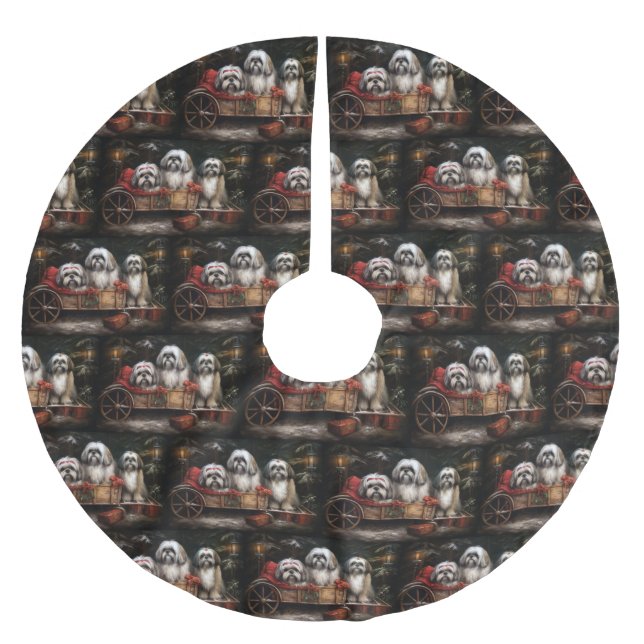 Lhasa Apso Snowy Sleigh Weihnachtsdekor Polyester Weihnachtsbaumdecke (Vorderseite)