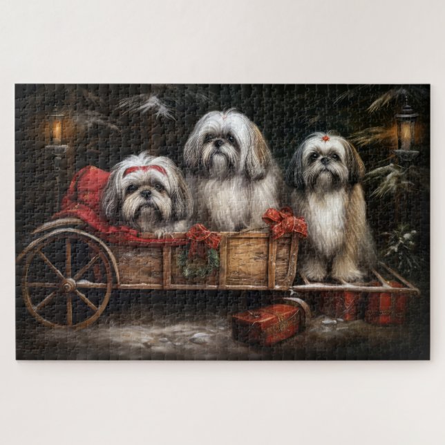 Lhasa Apso Snowy Sleigh Weihnachtsdekor Puzzle (Horizontal)
