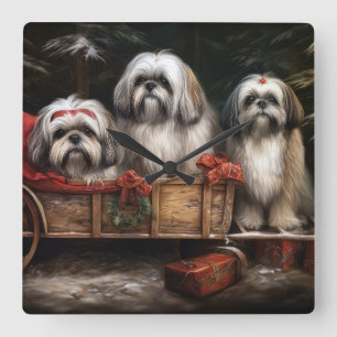 Lhasa Apso Snowy Sleigh Weihnachtsdekor Quadratische Wanduhr