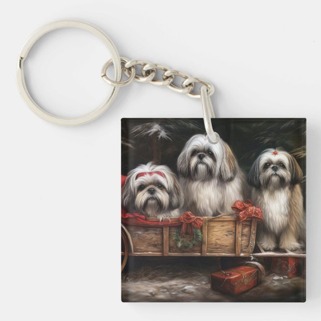 Lhasa Apso Snowy Sleigh Weihnachtsdekor Schlüsselanhänger (Vorderseite)