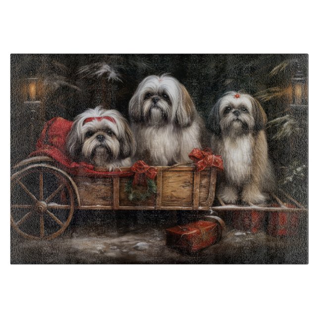 Lhasa Apso Snowy Sleigh Weihnachtsdekor Schneidebrett (Vorderseite)