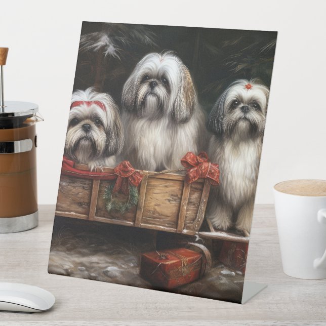 Lhasa Apso Snowy Sleigh Weihnachtsdekor Sockelschild (In Situ)