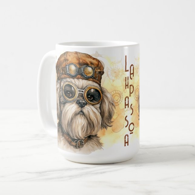Lhasa Apso Steampunk-Hund Kaffeetasse (Vorderseite Links)