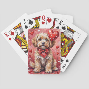 Lhasa Apso Valentinstag Hund sitzt mit Herzen Rot Spielkarten