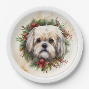 Lhasa Apso Weihnachtskranz Festlicher Welpe Pappteller