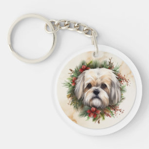 Lhasa Apso Weihnachtskranz Festlicher Welpe Schlüsselanhänger