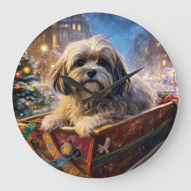 Lhasa Apso Weihnachtssaison Große Wanduhr (Vorderseite)