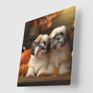 Lhasa Apso Welpe Herbstfreude Kürbis Quadratische Wanduhr