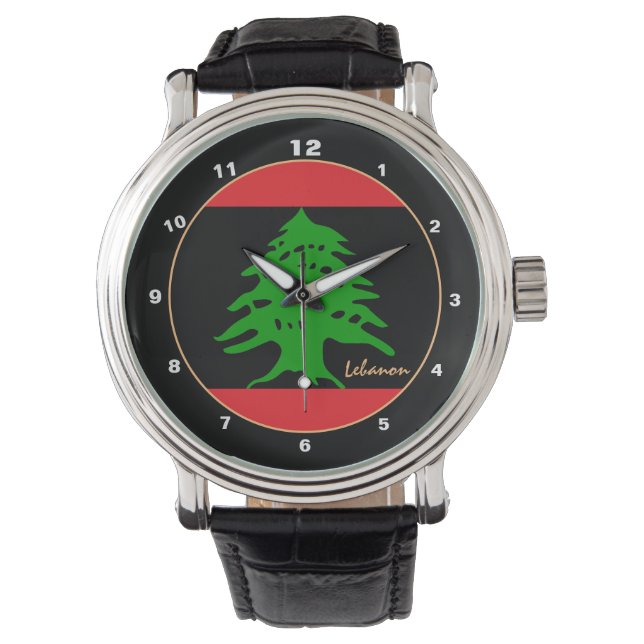 Libanesische Flag-Uhr, BLK-Design, Libanon-Mode Armbanduhr (Vorderseite)