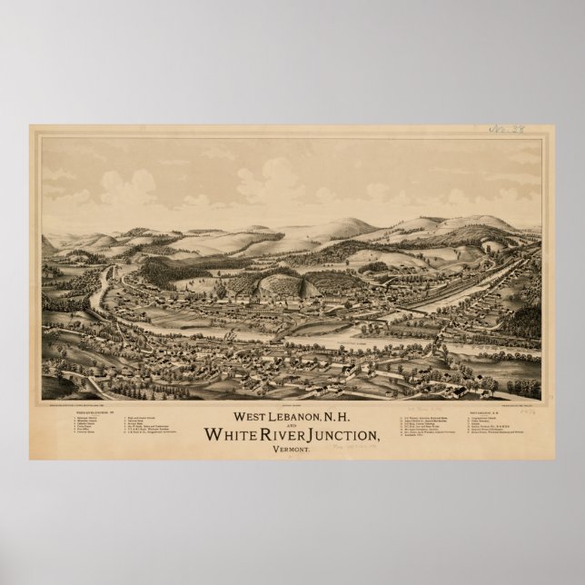 Libanon NH & White River Junction VT Map (1889) Poster (Vorne)
